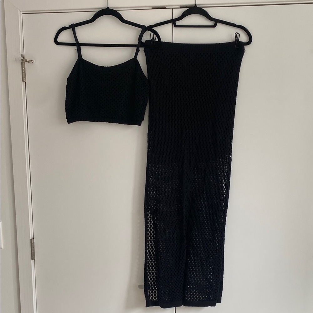 Black Crochet Mesh Two-Piece Skirt Set